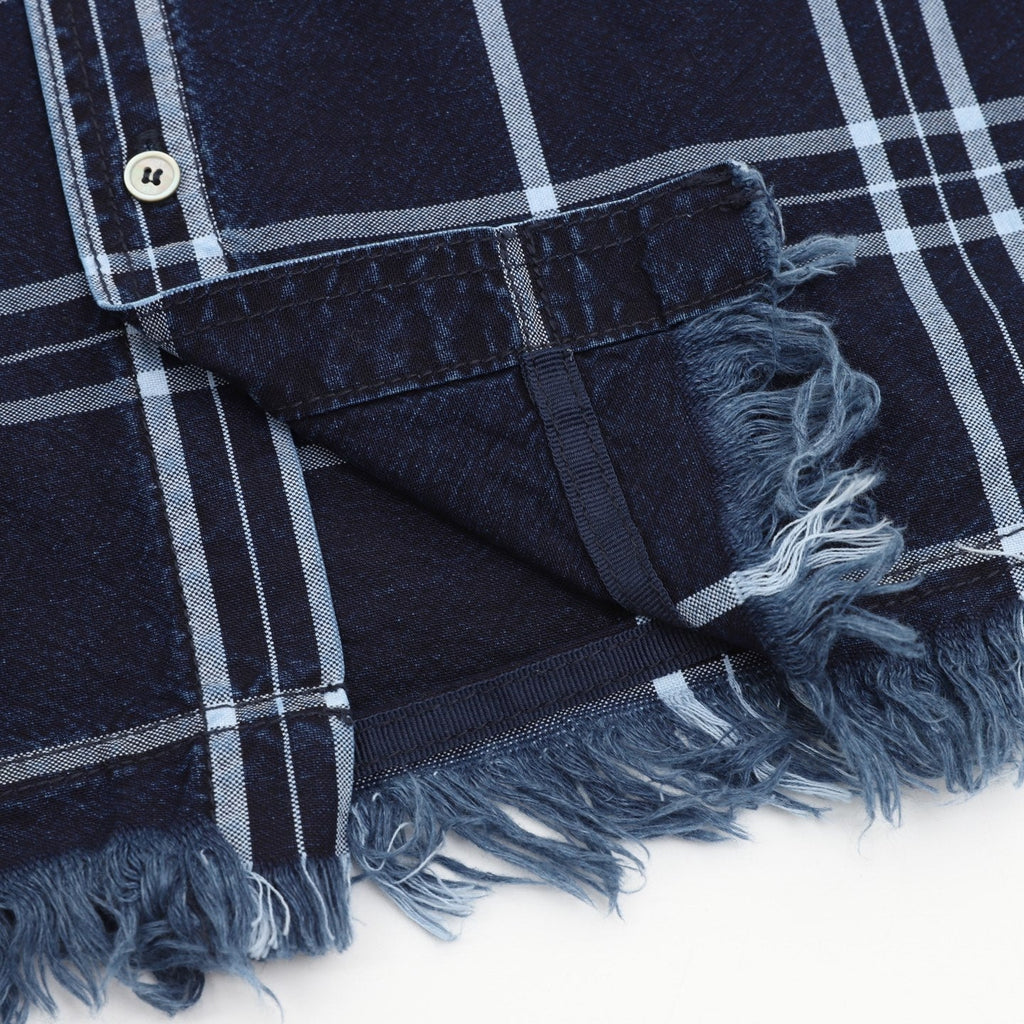 Dior Plaid Fringe Hem Long Sleeve Shirt Navy Blue
