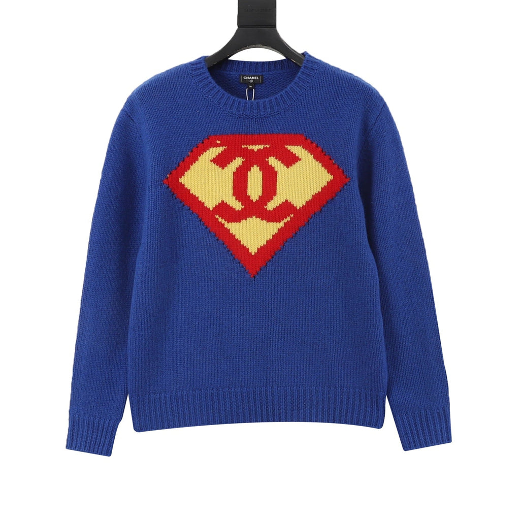 Chanel Double C Diamond Logo Blue Crew Neck Knit Sweater