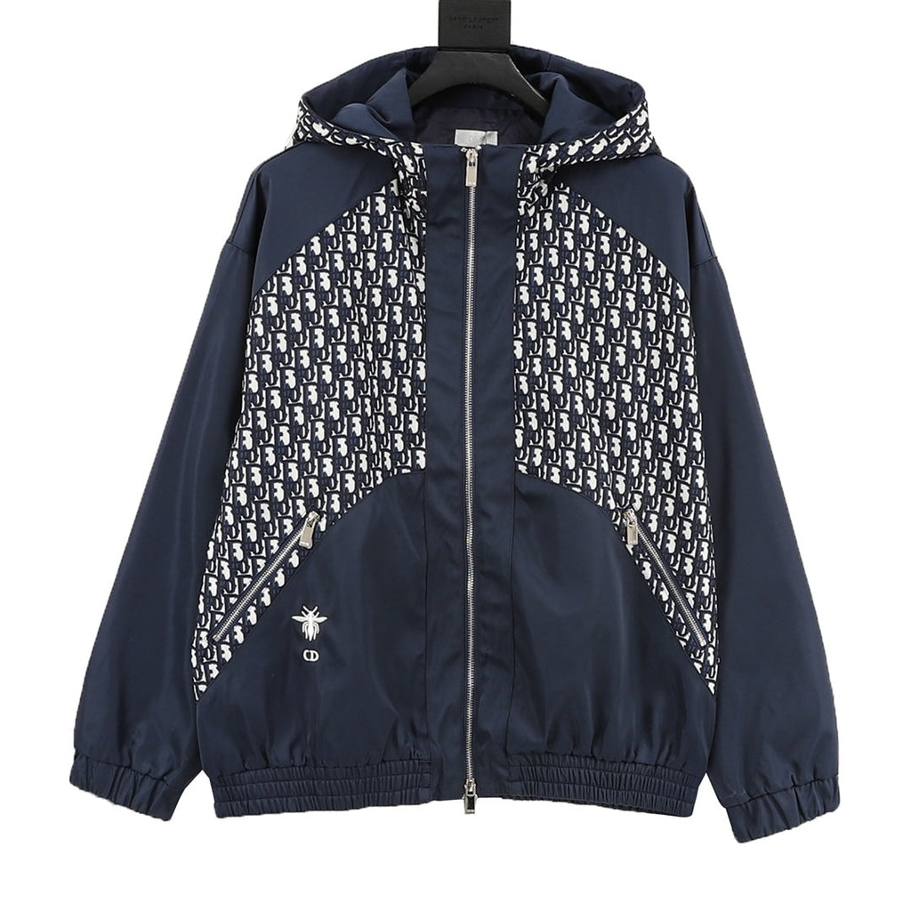 Dior Oblique Spliced Hooded Windbreaker Navy Blue