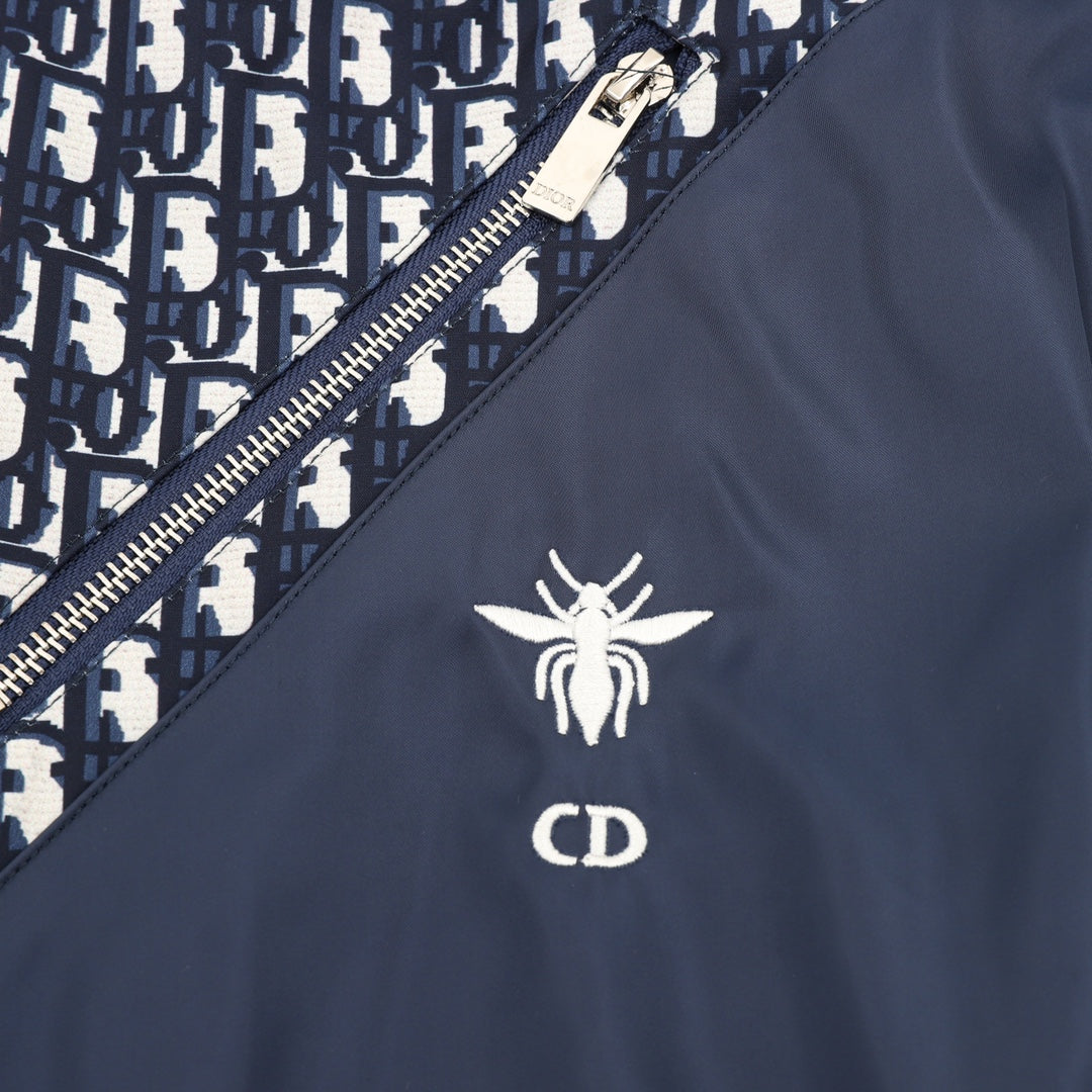 Dior Oblique Spliced Hooded Windbreaker Navy Blue