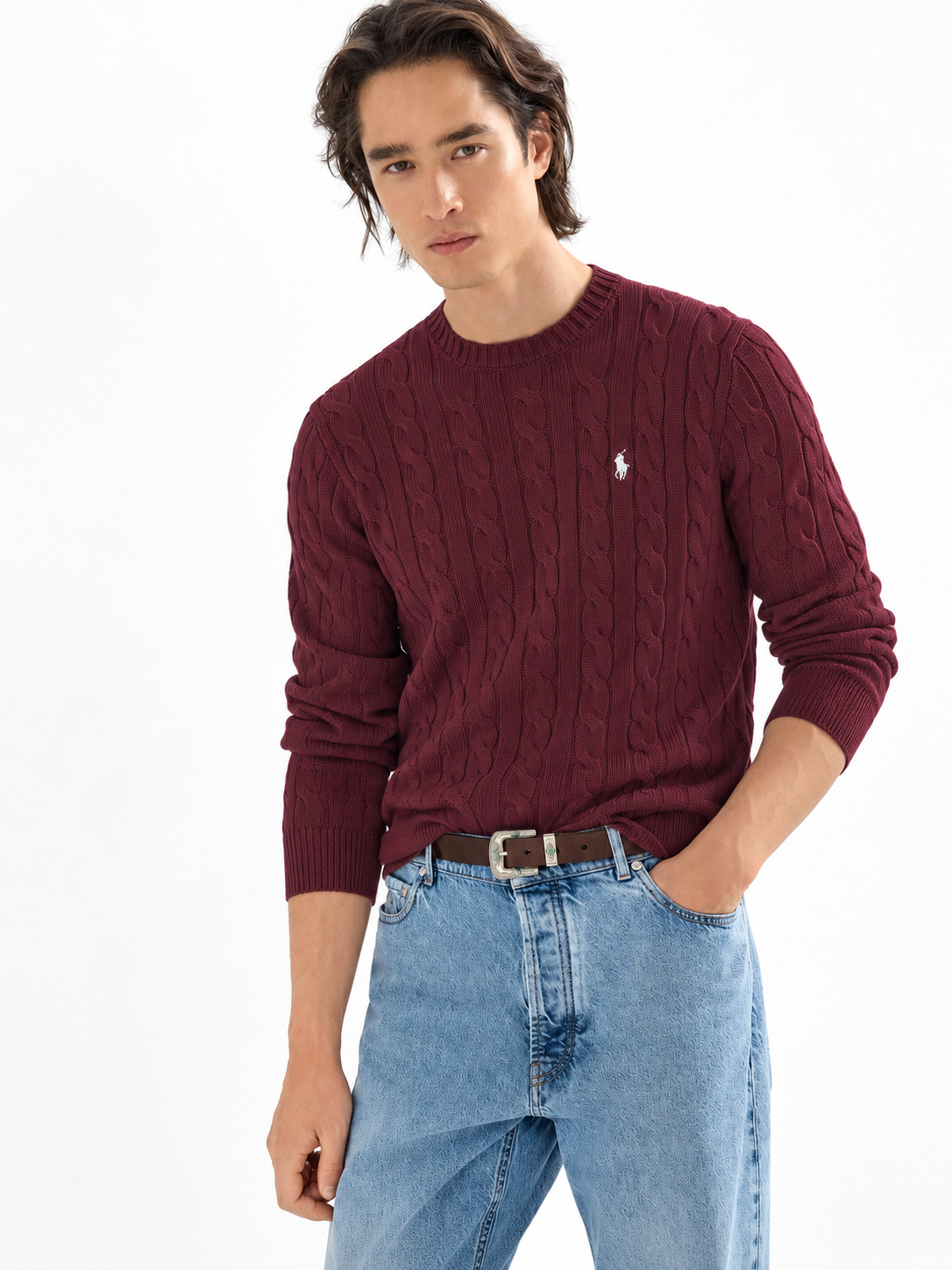 Polo Ralph Lauren Men's Cable Knit Crewneck Sweater Burgundy