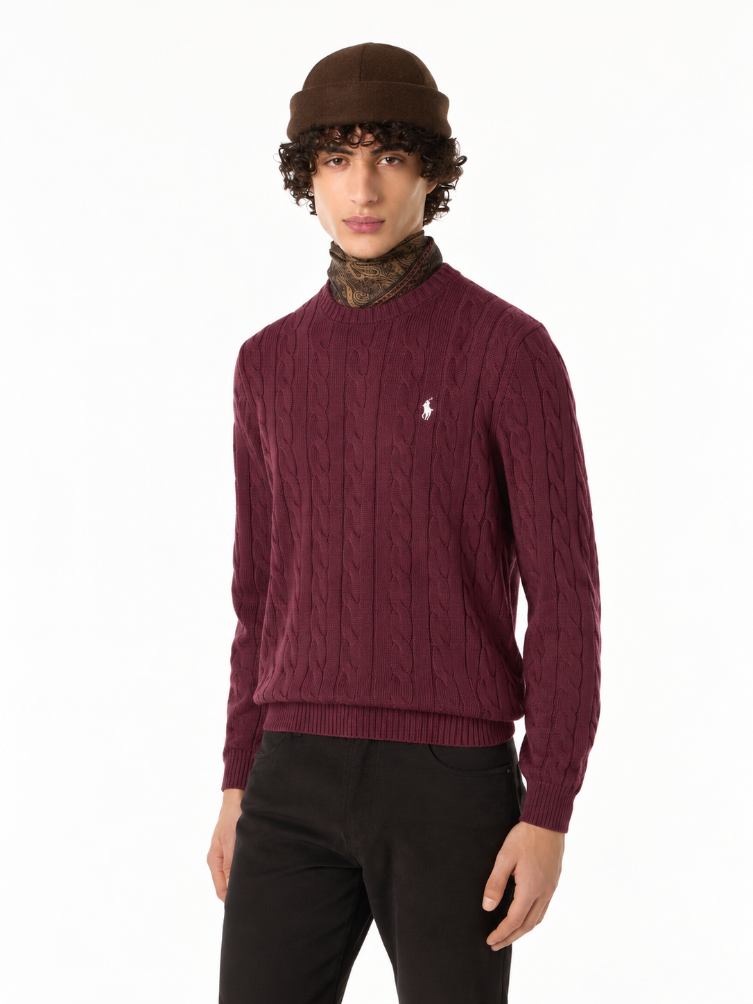 Polo Ralph Lauren Men's Cable Knit Crewneck Sweater Burgundy