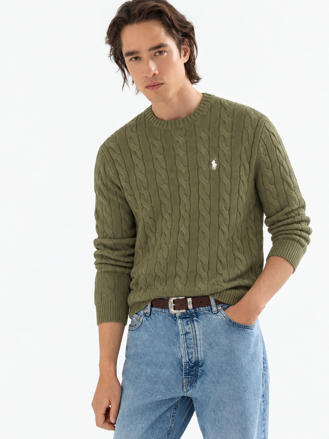 Polo Ralph Lauren Men's Cable Knit Crewneck Sweater Olive Green