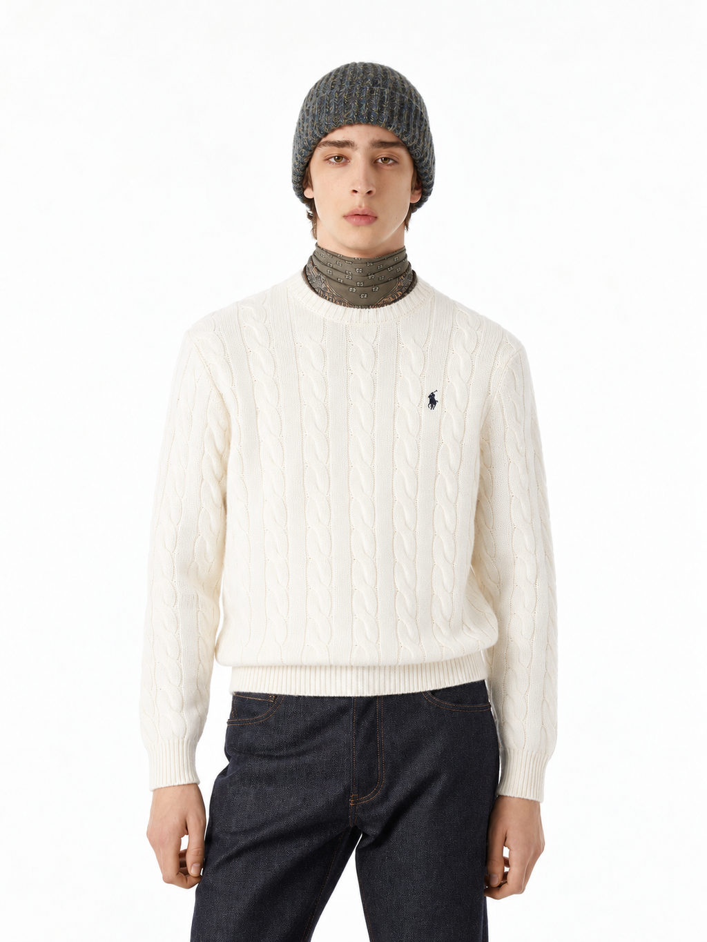 Polo Ralph Lauren Men's Cable Knit Crewneck Sweater Cream White