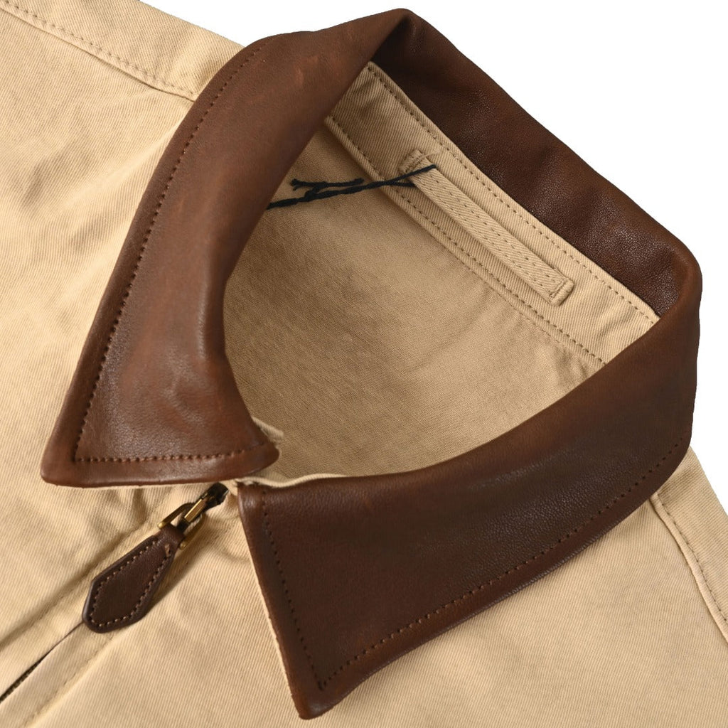 Prada Beige Canvas Harrington Jacket Leather Collar Embroidered Logo