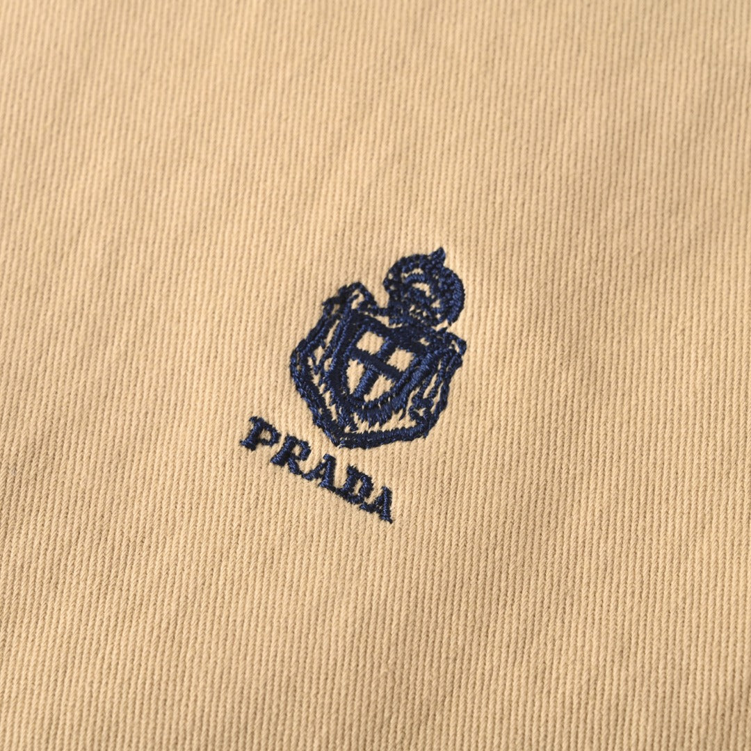Prada Beige Canvas Harrington Jacket Leather Collar Embroidered Logo