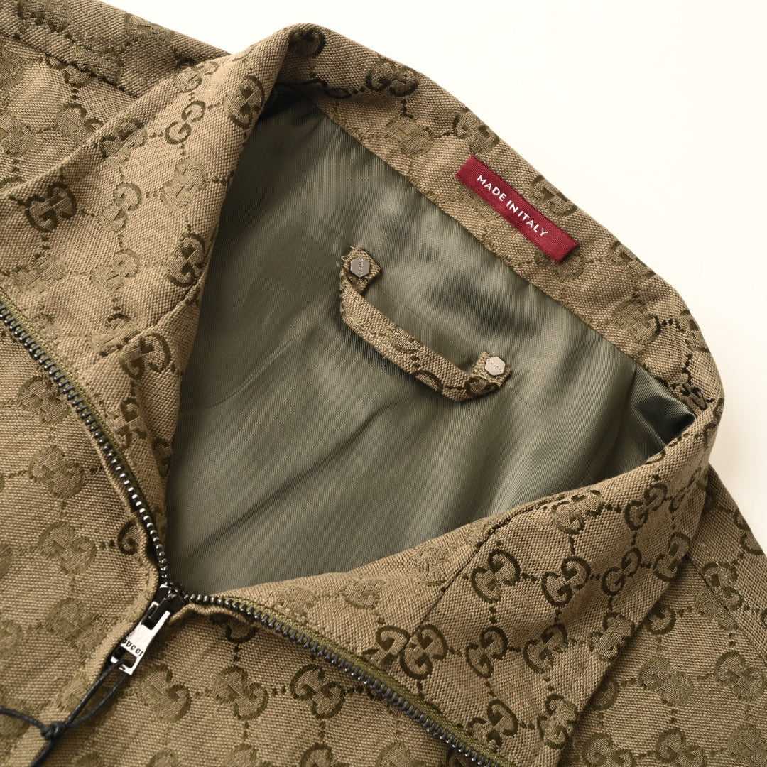 Gucci GG Monogram Khaki Stand Collar Zip Jacket