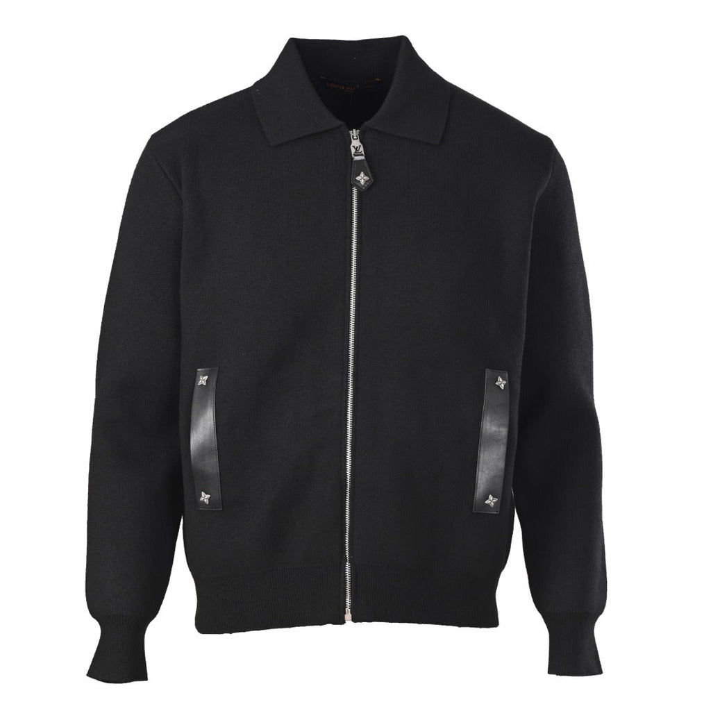 Louis Vuitton Black Leather Trim Full Zip Knit Jacket
