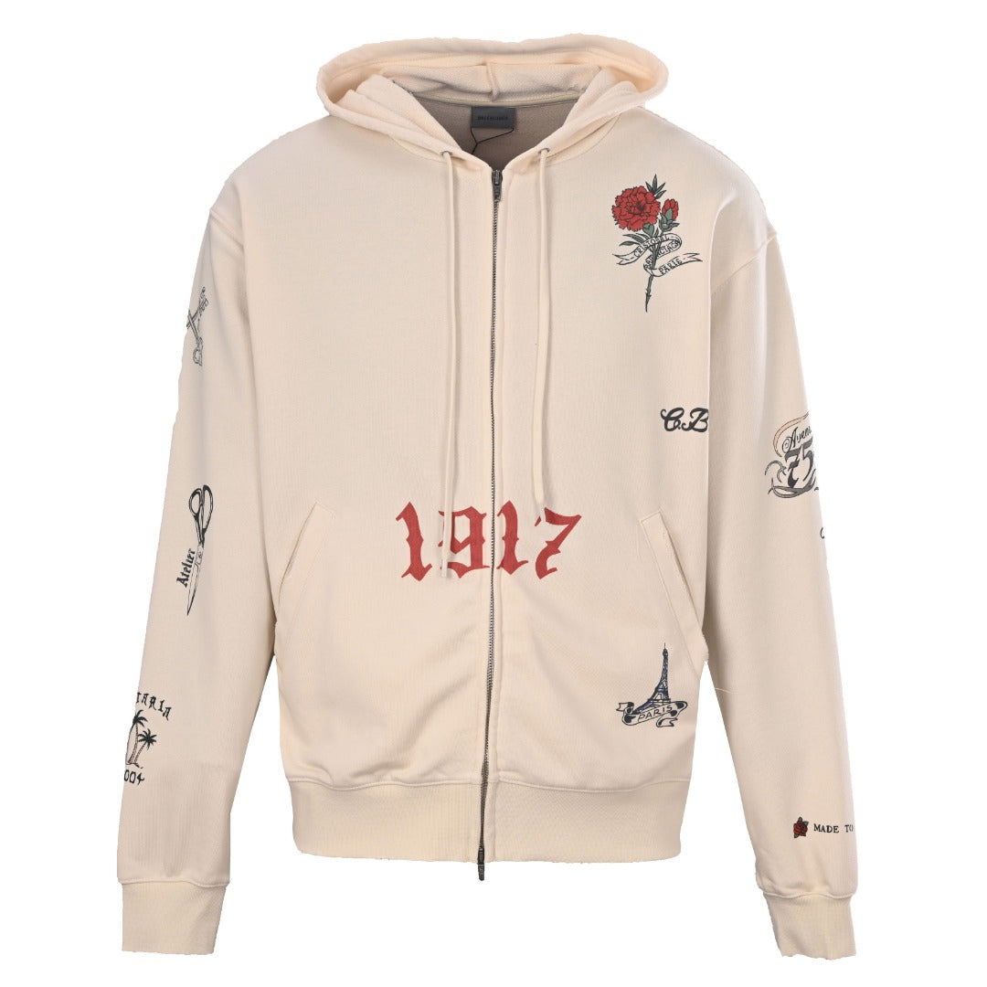 Balenciaga Cream Tattoo Print Zip Up Hoodie