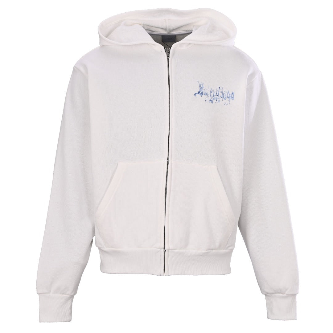 Balenciaga White Gothic Logo Full Zip Hooded Sweatshirt