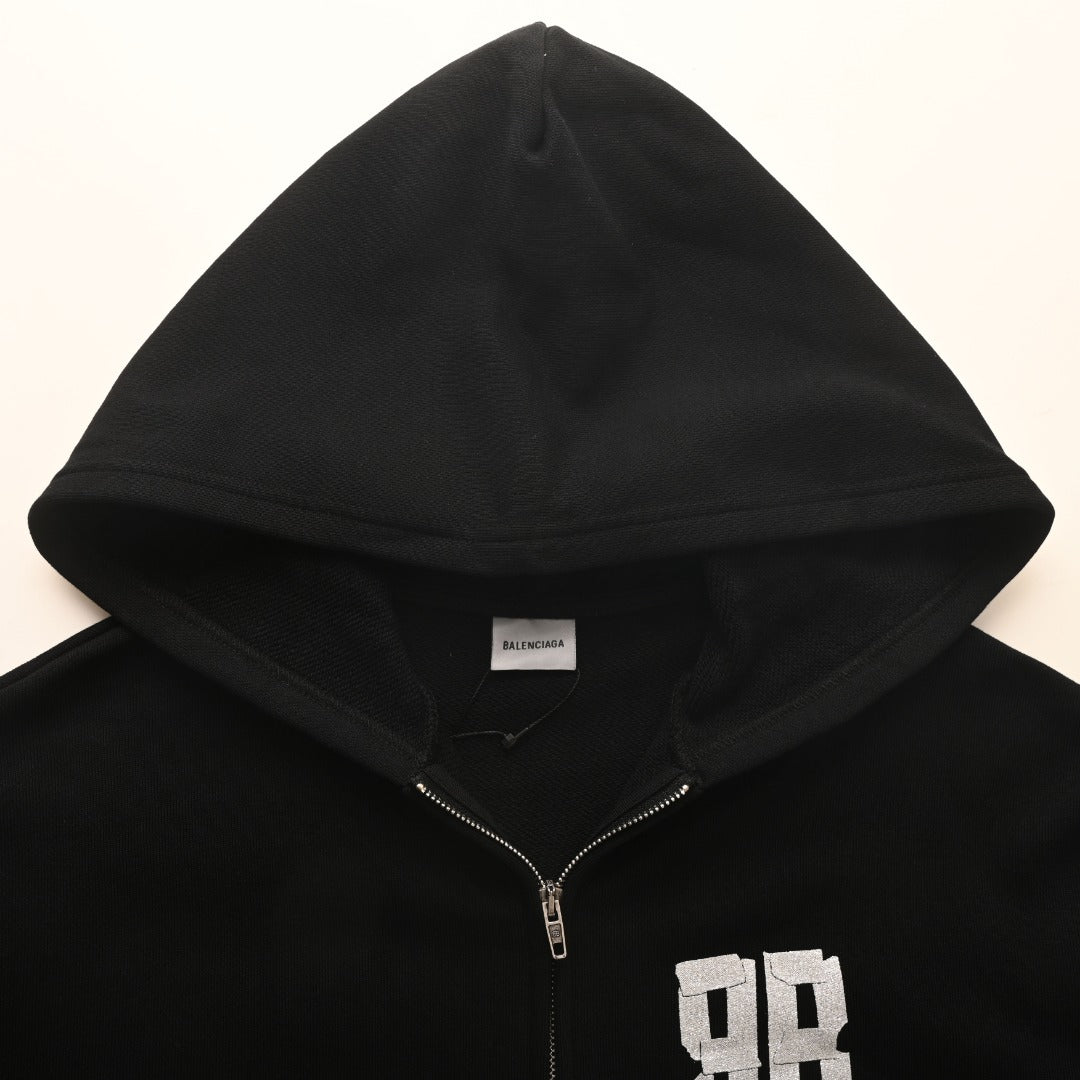 Balenciaga Black BB Logo Full Zip Hooded Sweatshirt