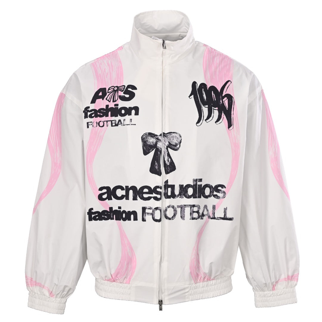 Acne Studios White Pink Graphic Print Zip Track Jacket