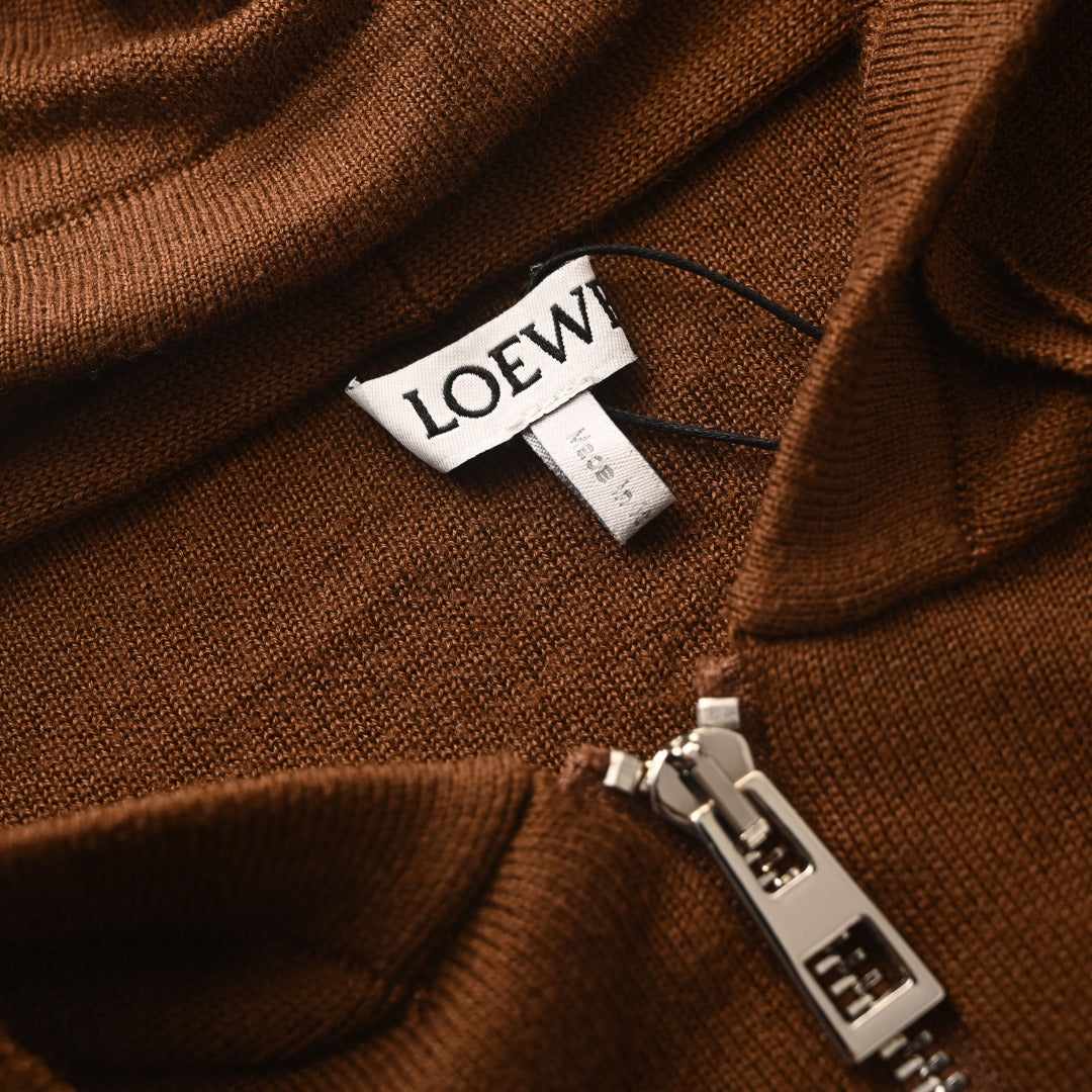 Loewe Brown Leather Patch Full Zip Knit Hoodie