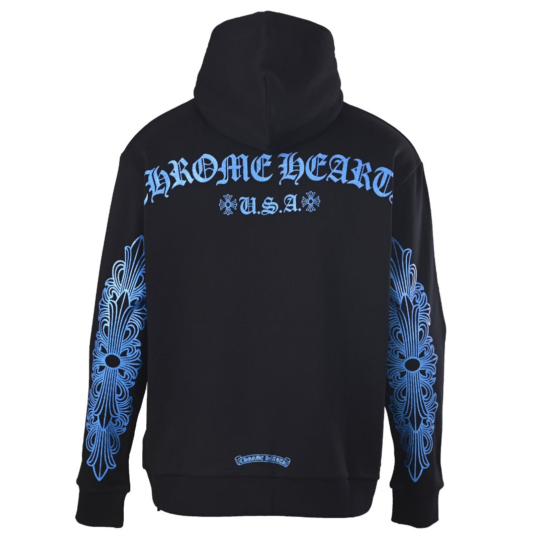 Chrome Hearts Black Blue Horseshoe Logo Pullover Hoodie