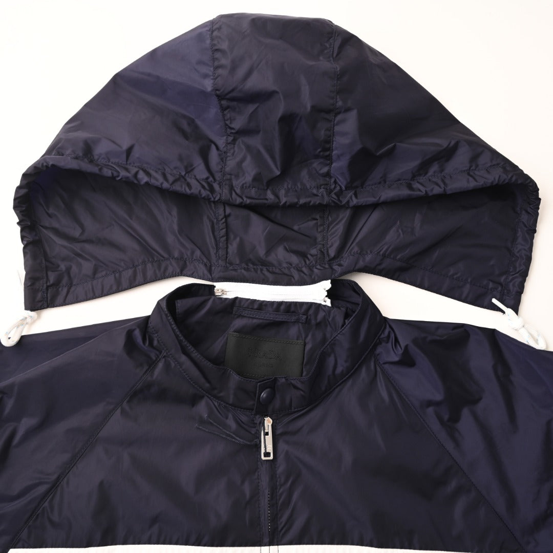 Prada Navy Stripe Logo Hooded Nylon Windbreaker