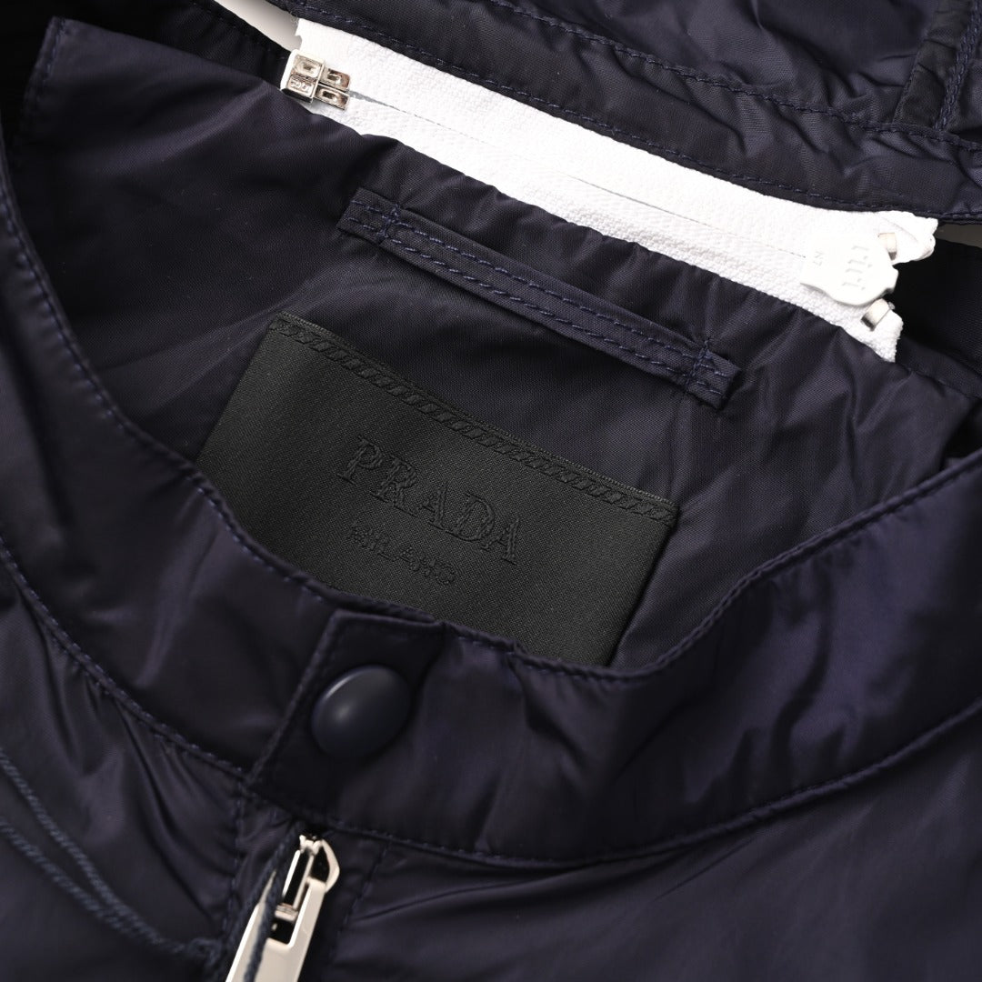 Prada Navy Stripe Logo Hooded Nylon Windbreaker