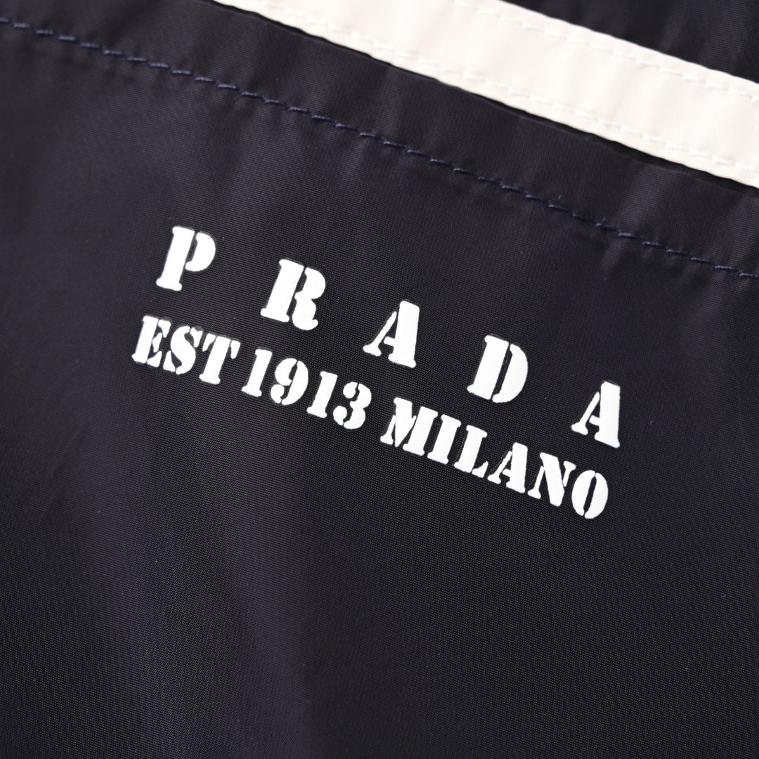 Prada Navy Stripe Logo Hooded Nylon Windbreaker