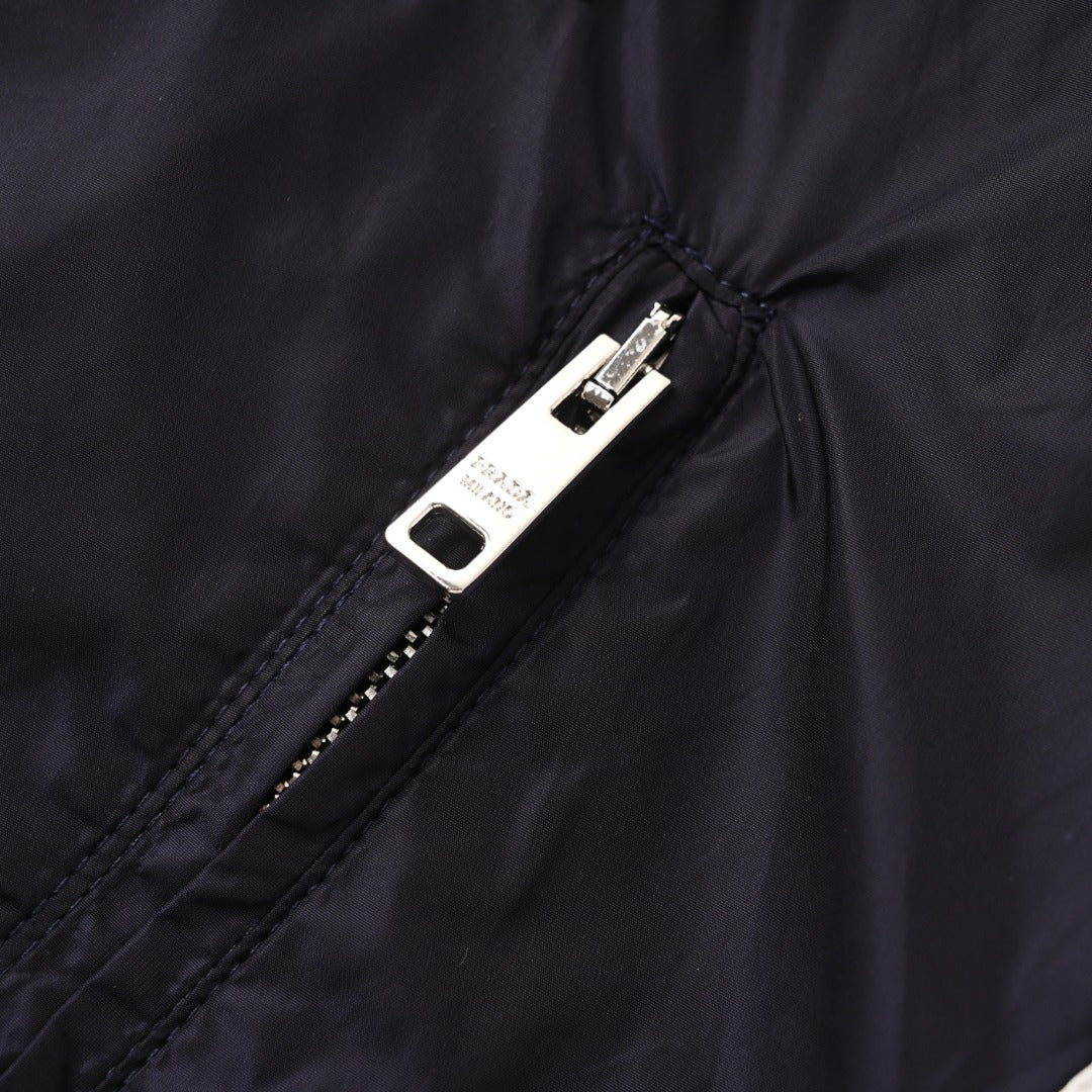 Prada Navy Stripe Logo Hooded Nylon Windbreaker