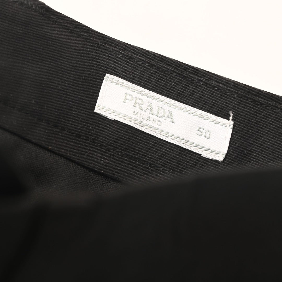 Prada Black Triangle Charm Pleated Straight Leg Trousers