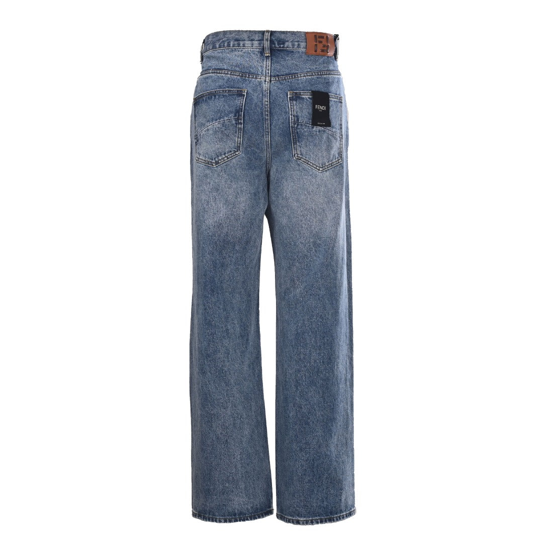 Fendi Roma Blue Washed Regular Wide Leg Denim Jeans