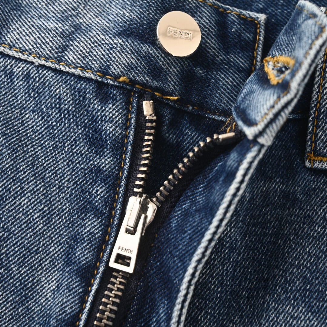 Fendi Roma Blue Washed Regular Wide Leg Denim Jeans