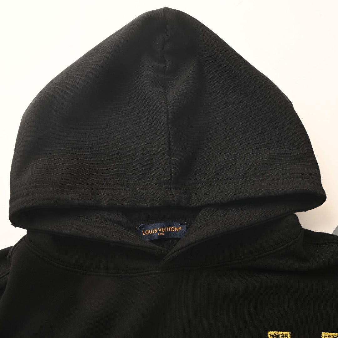 Louis Vuitton Black Gold LV Logo Embroidered Hoodie