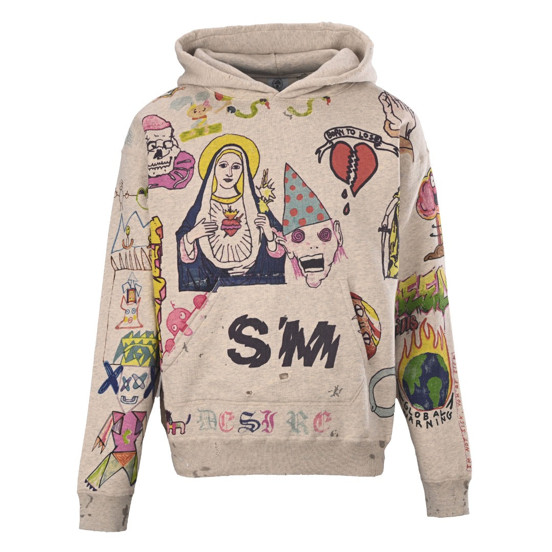 Saint Michael Heather Gray Full Graphic Print Distressed Hoodie