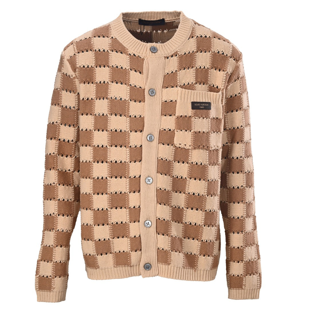 Louis Vuitton Beige Brown Checkered Hollow Knit Cardigan