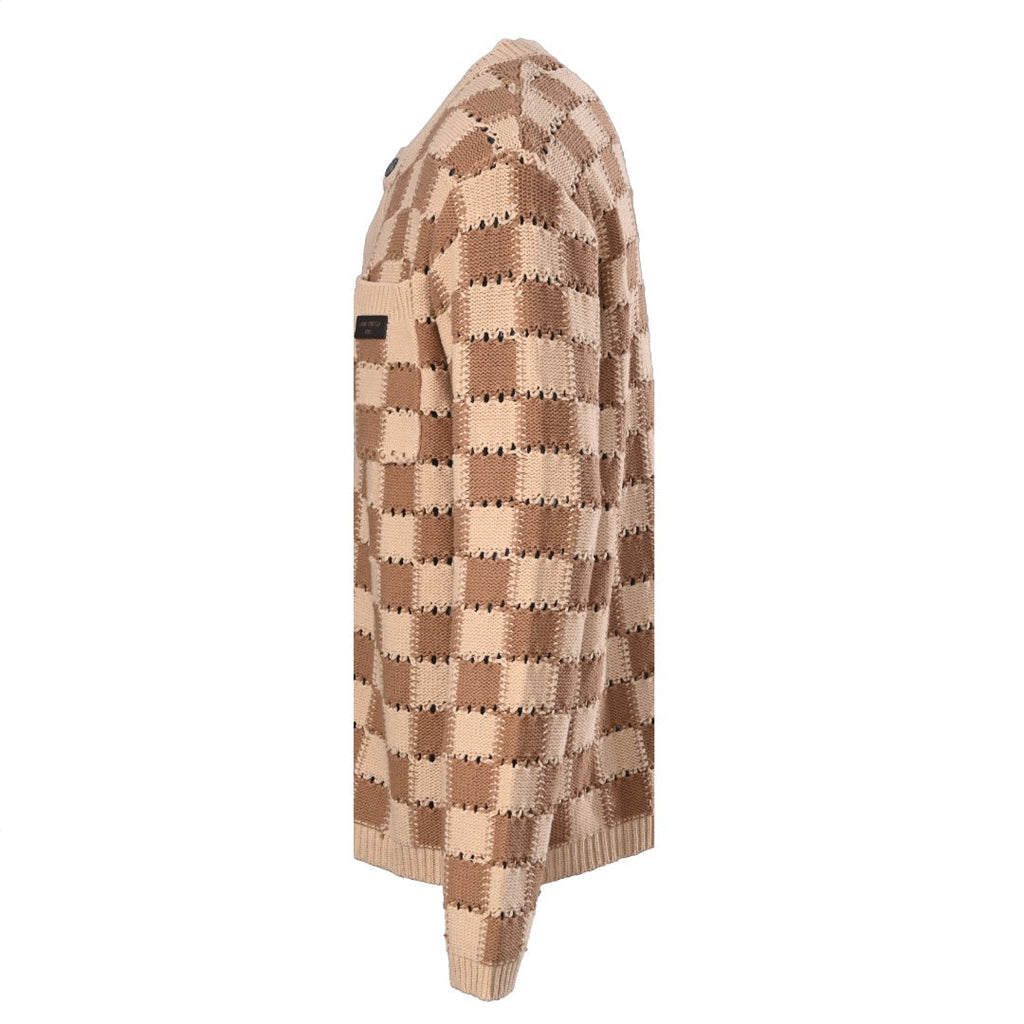 Louis Vuitton Beige Brown Checkered Hollow Knit Cardigan