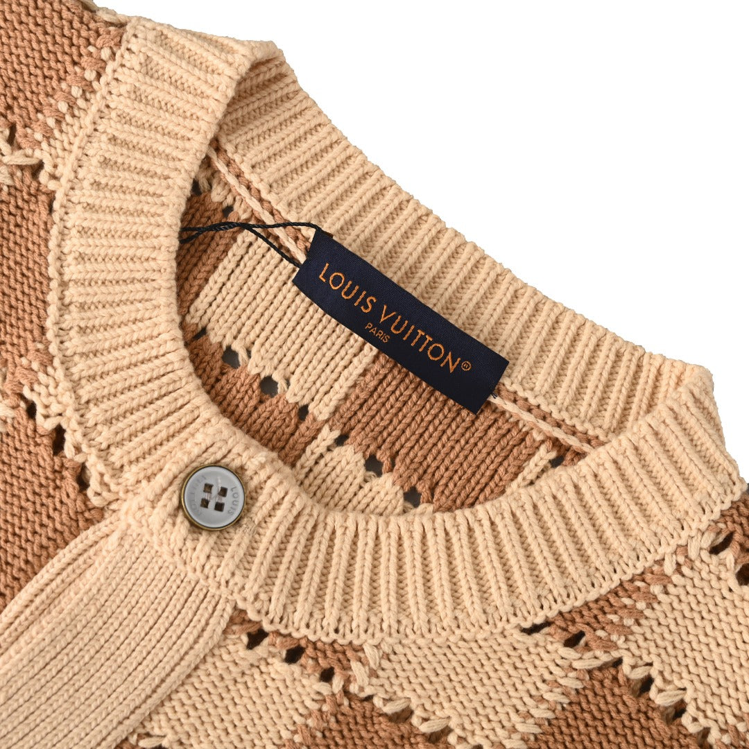 Louis Vuitton Beige Brown Checkered Hollow Knit Cardigan