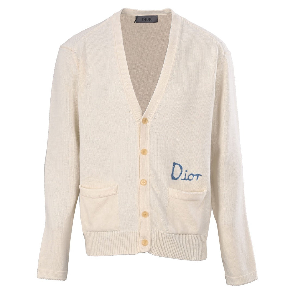 Dior Off White Handwriting Logo V-Neck Knit Cardigan