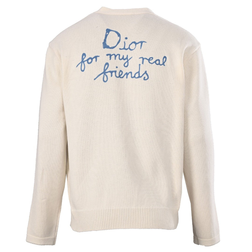 Dior Off White Handwriting Logo V-Neck Knit Cardigan