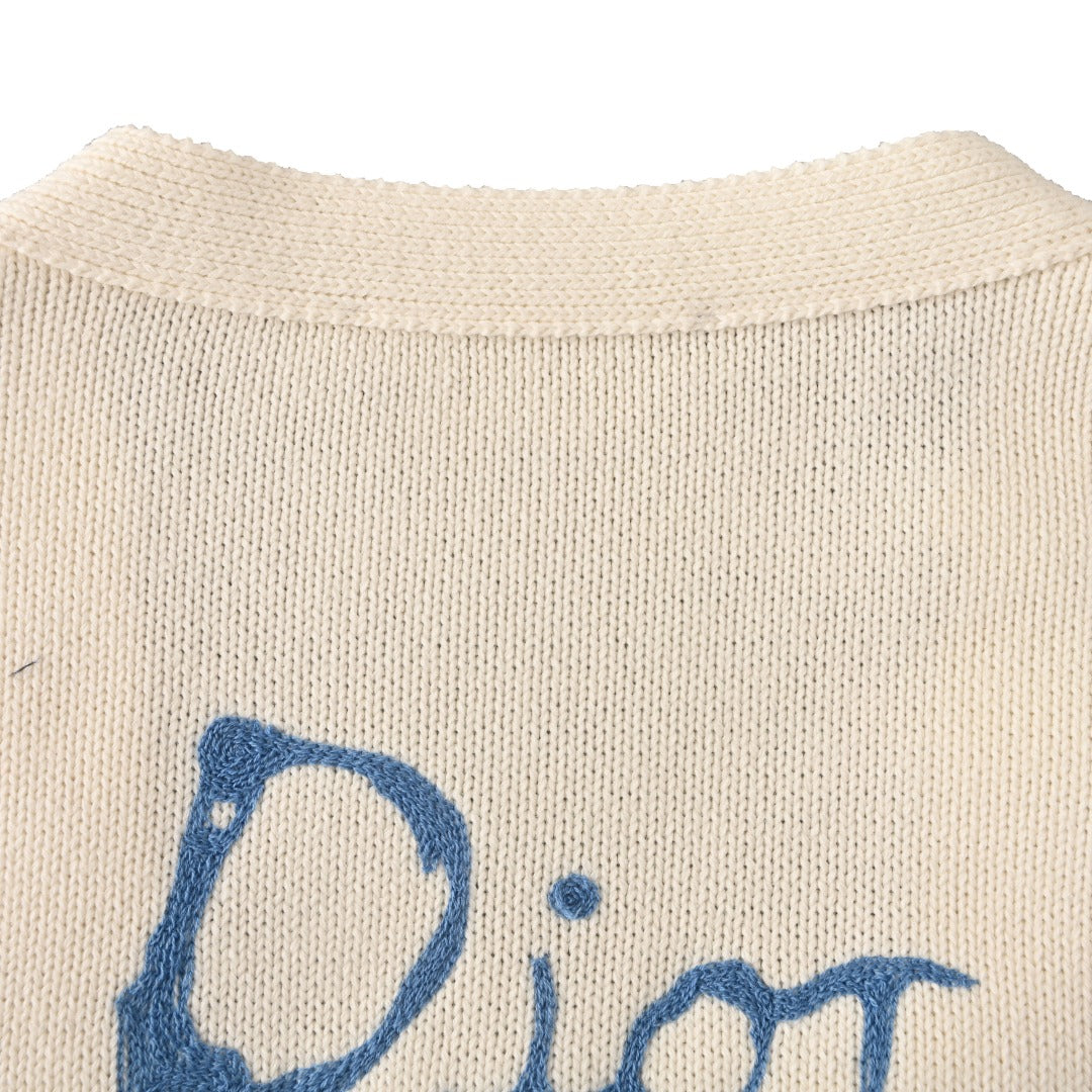 Dior Off White Handwriting Logo V-Neck Knit Cardigan