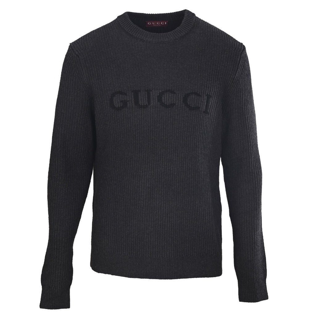 Gucci Dark Grey Ribbed Crew Neck GUCCI Logo Sweater