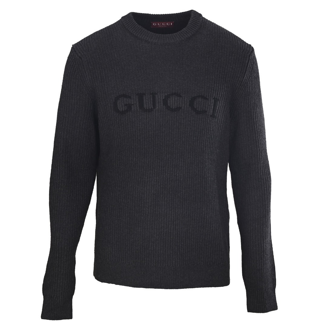 Gucci Dark Grey Ribbed Crew Neck GUCCI Logo Sweater