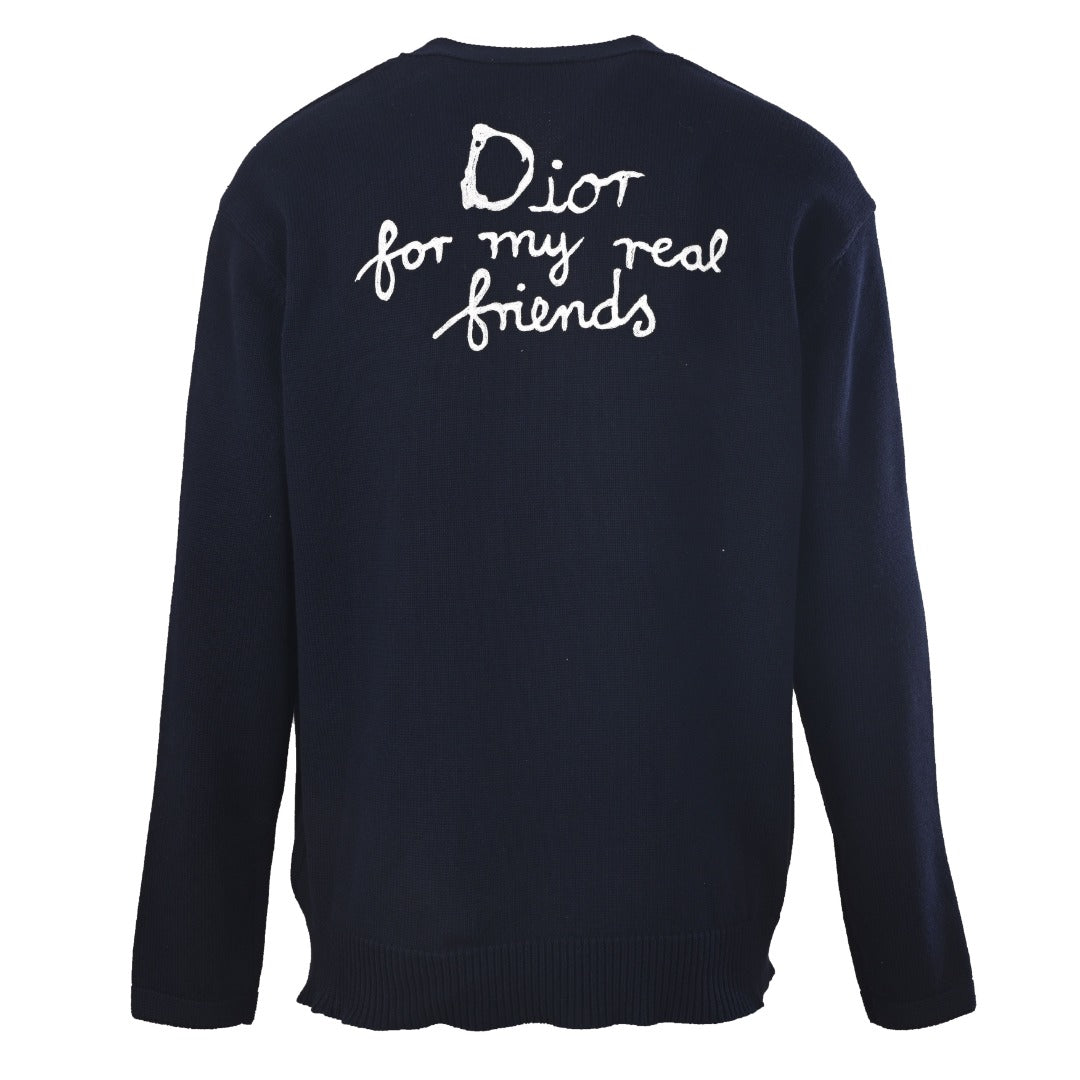 Dior Navy Handwriting Logo V-Neck Knit Cardigan