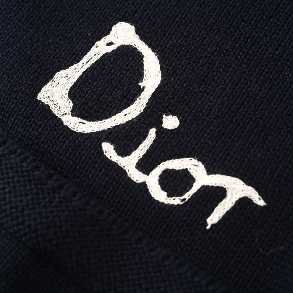 Dior Navy Handwriting Logo V-Neck Knit Cardigan