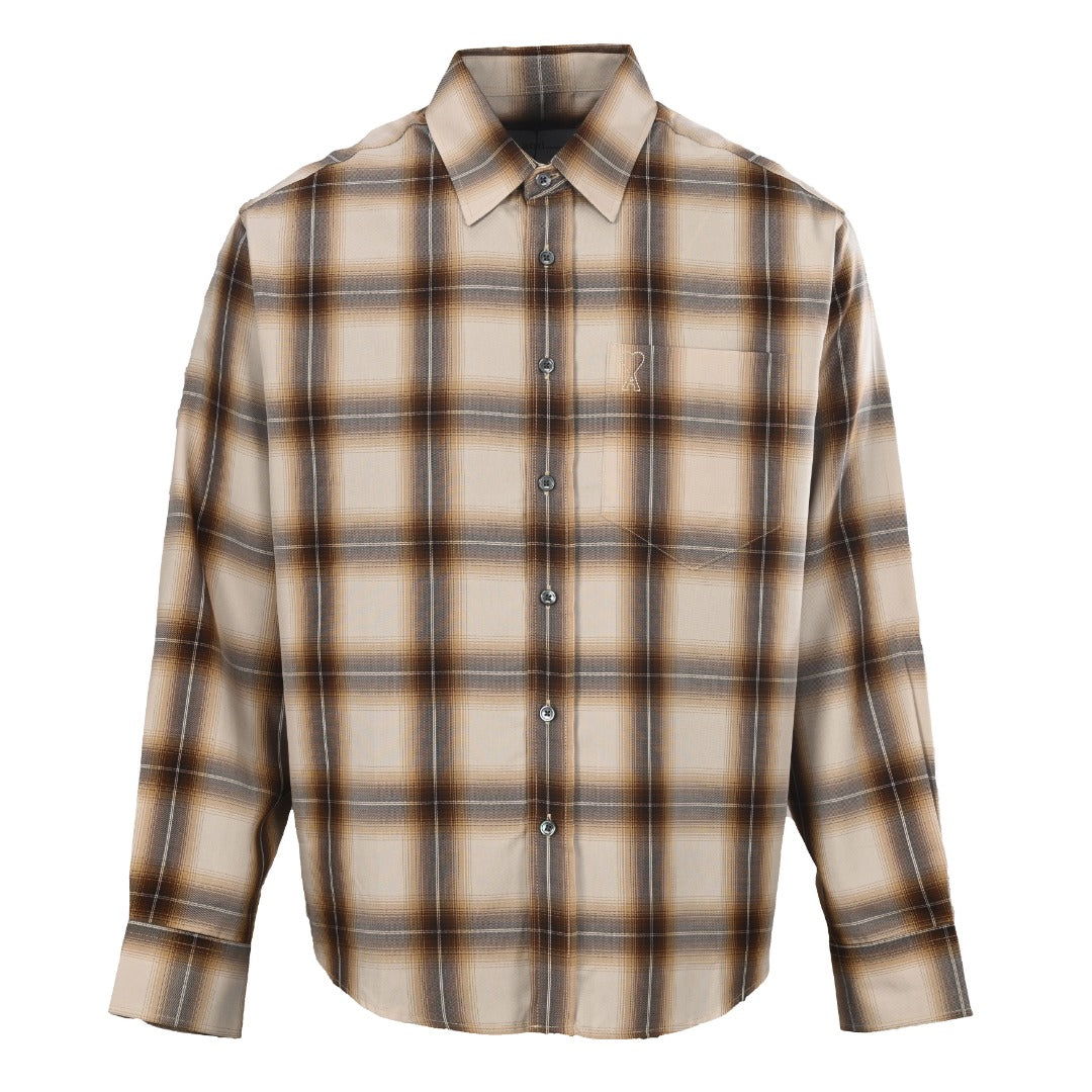 AMI Paris Beige Brown Plaid Long Sleeve Shirt