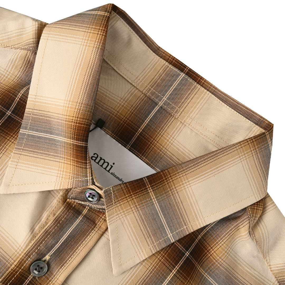 AMI Paris Beige Brown Plaid Long Sleeve Shirt