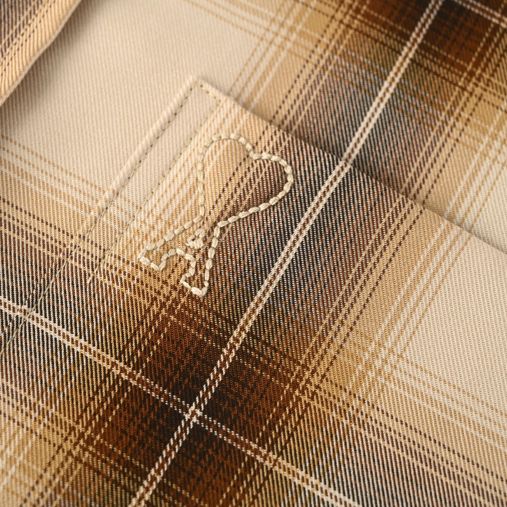 AMI Paris Beige Brown Plaid Long Sleeve Shirt