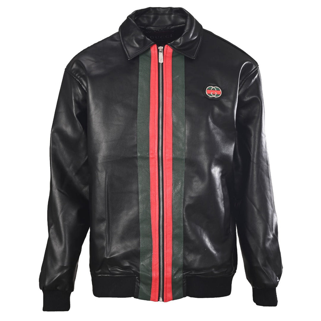 Gucci Black Leather Web Stripe Collared Bomber Jacket