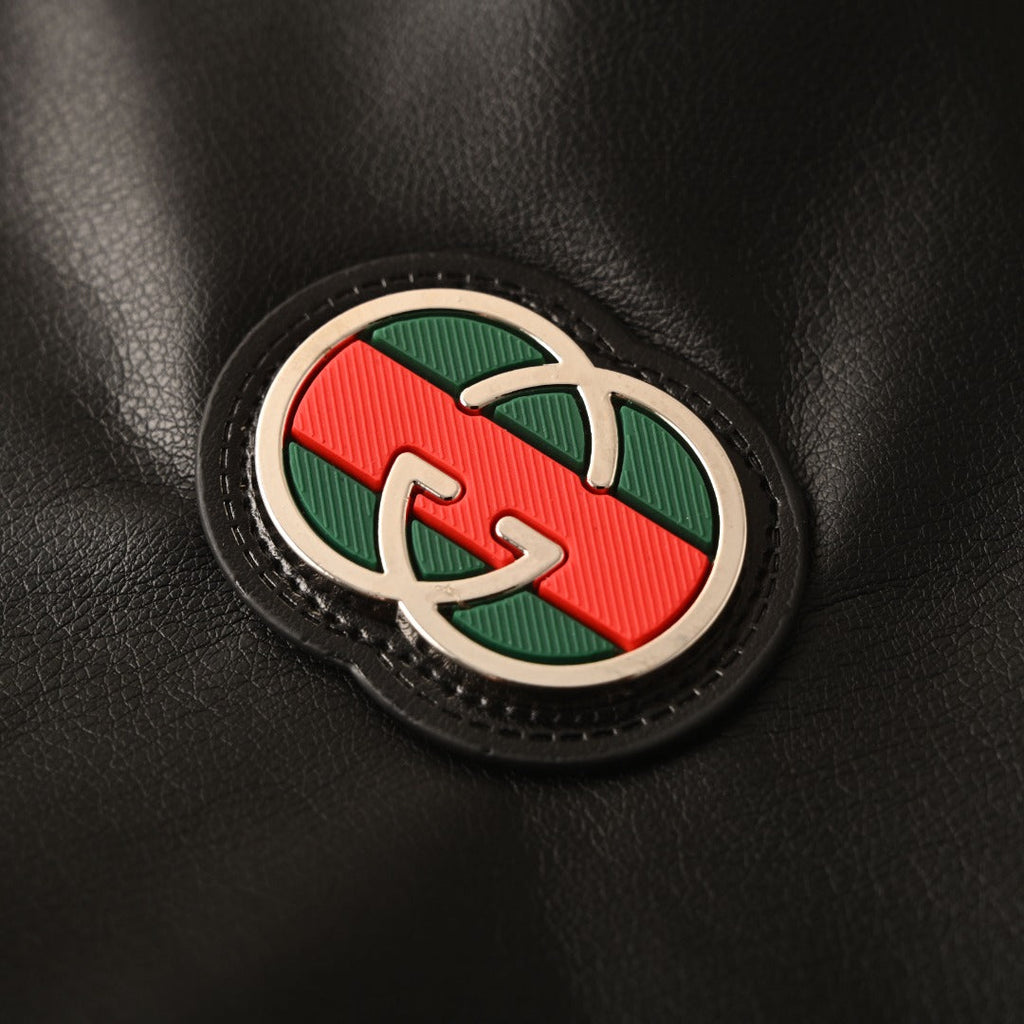 Gucci Black Leather Web Stripe Collared Bomber Jacket