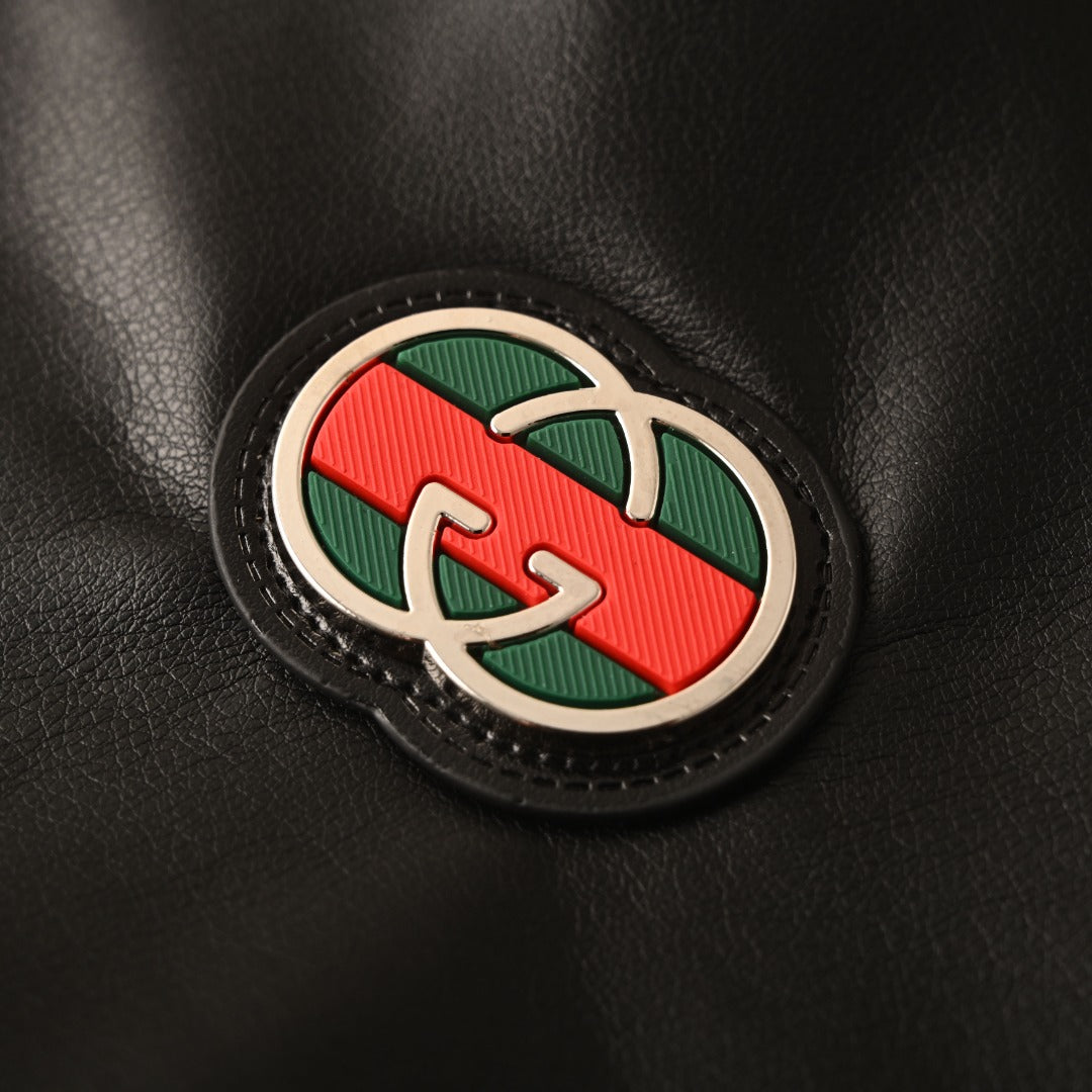 Gucci Black Leather Web Stripe Collared Bomber Jacket