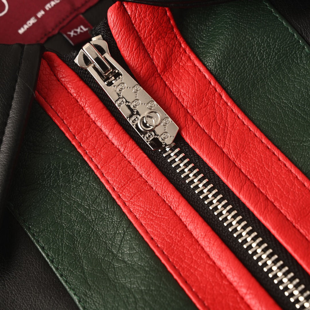 Gucci Black Leather Web Stripe Collared Bomber Jacket