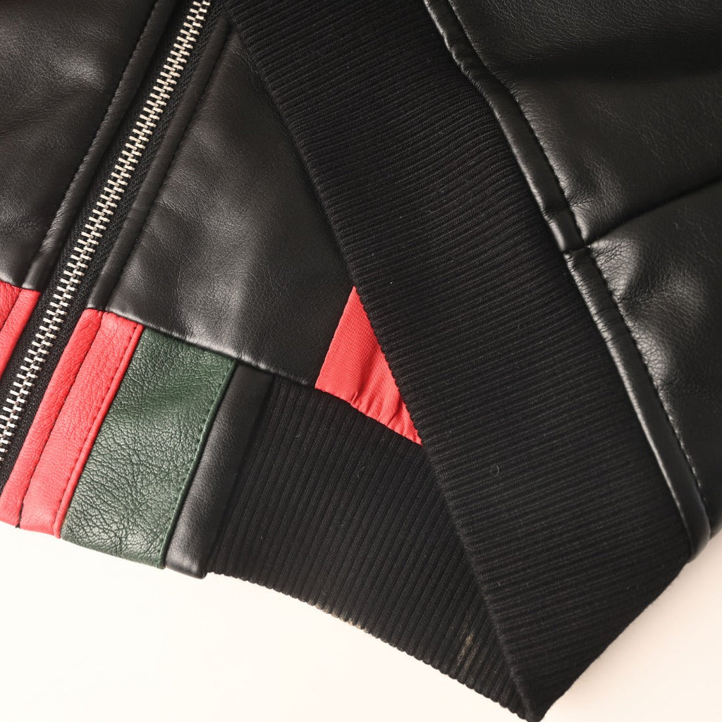 Gucci Black Leather Web Stripe Collared Bomber Jacket