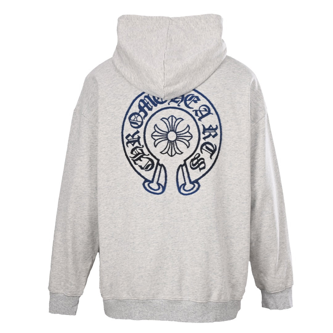 Chrome Hearts Horseshoe Logo Heather Grey Navy Embroidered Hoodie