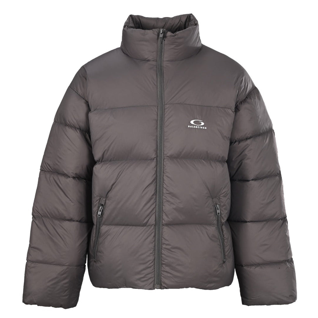 Balenciaga Taupe Embroidered Logo Stand Collar Puffer Jacket