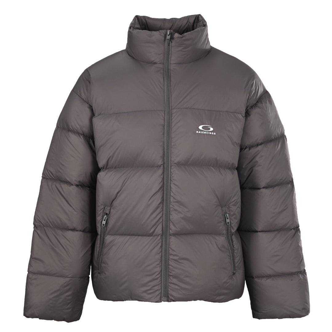 Balenciaga Taupe Embroidered Logo Stand Collar Puffer Jacket