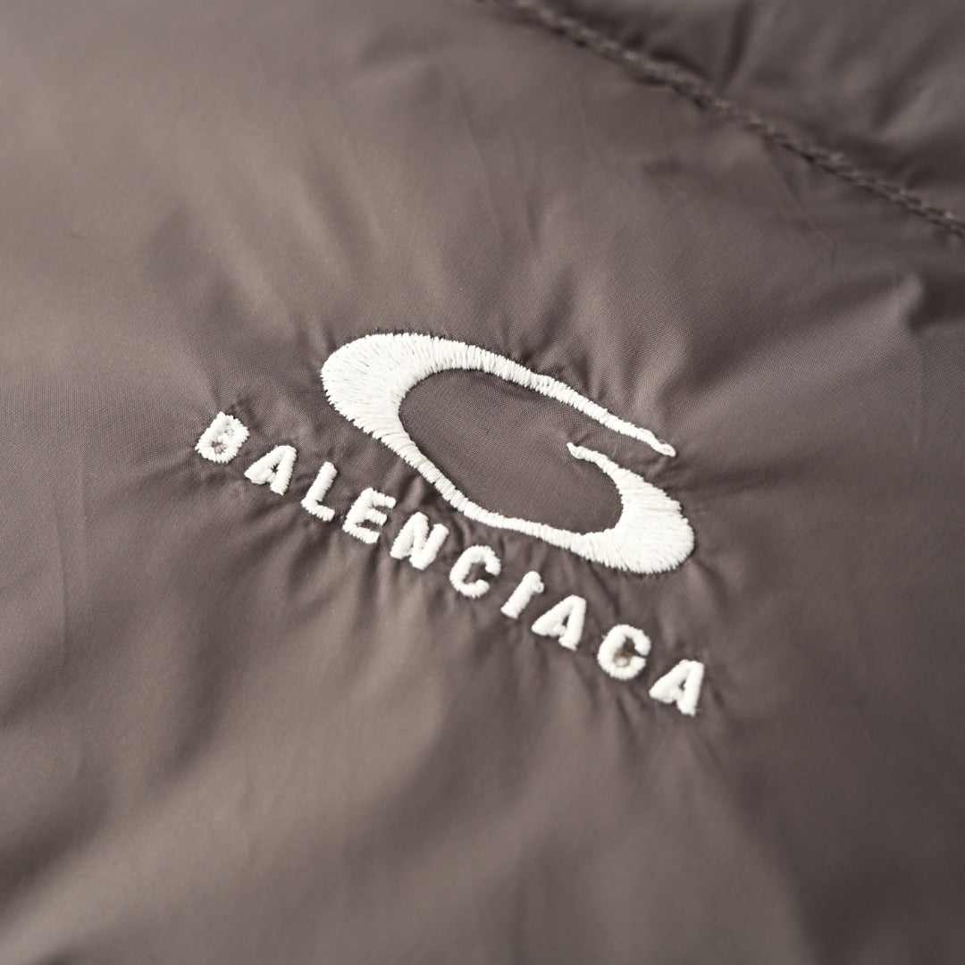 Balenciaga Taupe Embroidered Logo Stand Collar Puffer Jacket