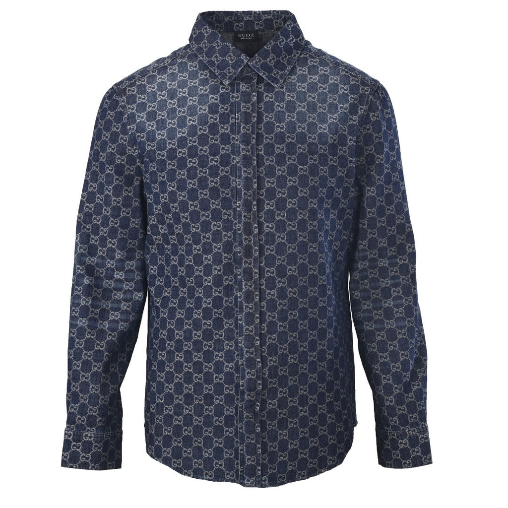 Gucci GG Monogram Blue Denim Long Sleeve Shirt